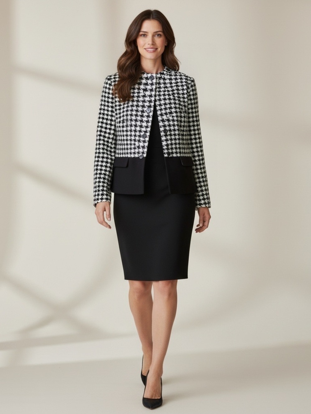 Talbots Blazer Jacket Womens Size 14 Wool Houndstooth Black White Lined